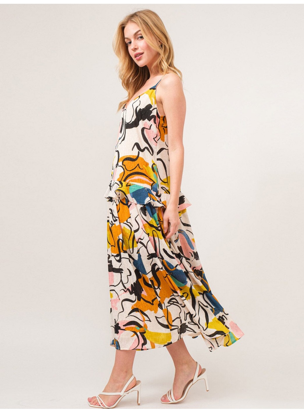 WOMEN'S SLEEVELESS V-NECK FLORAL TIERED MAXI DRESS
