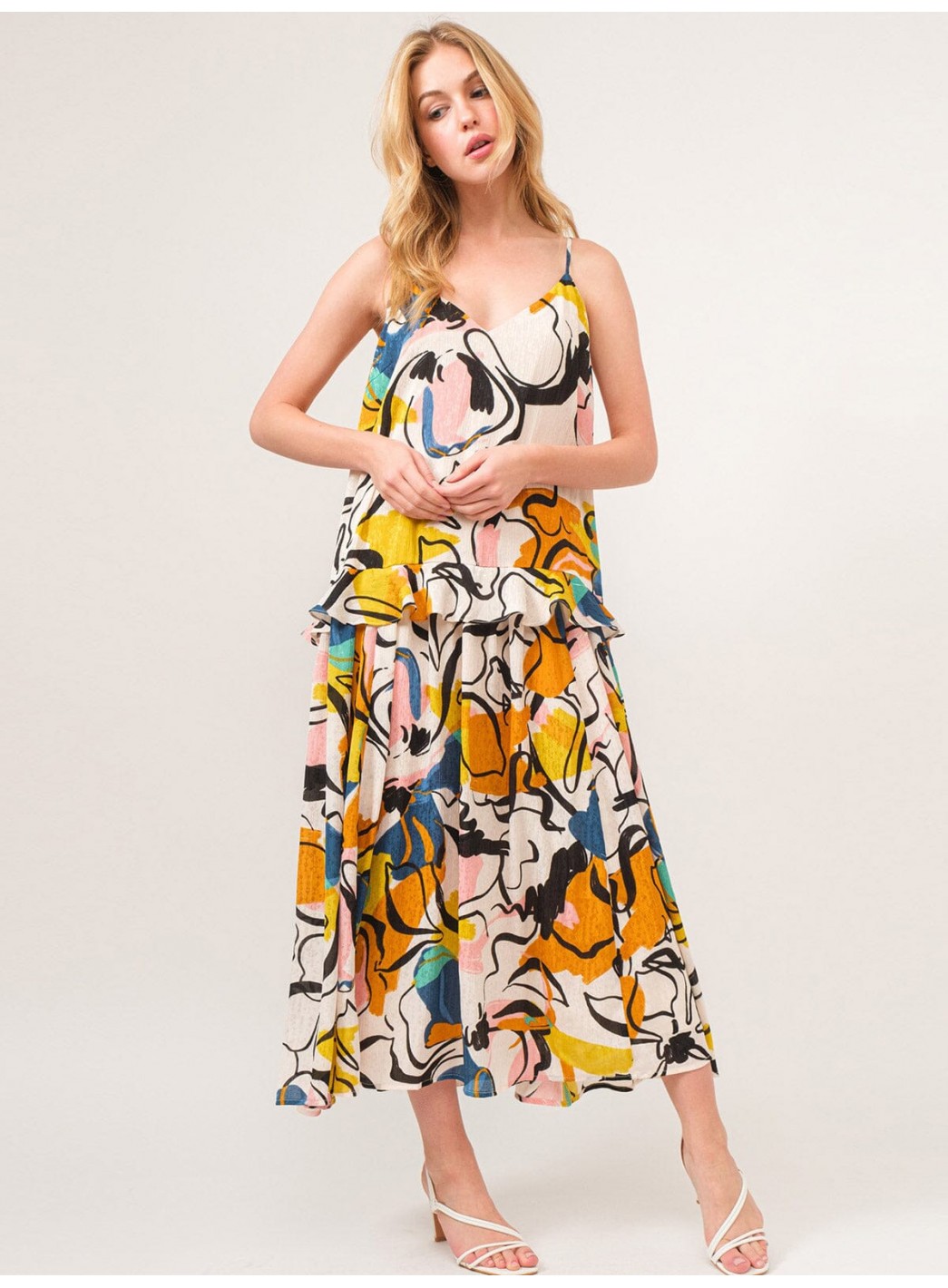 WOMEN'S SLEEVELESS V-NECK FLORAL TIERED MAXI DRESS