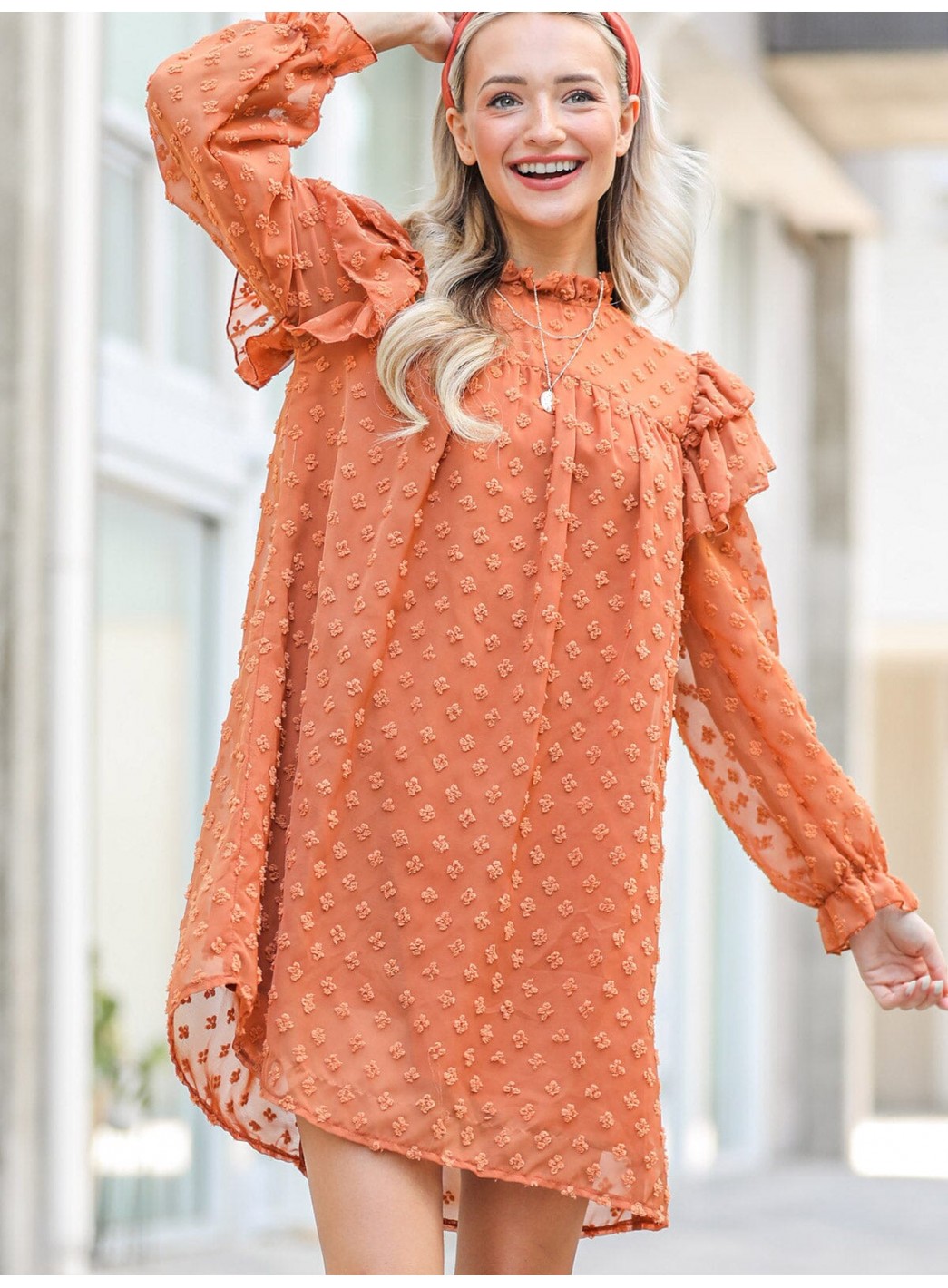 WOMEN'S LONG RUFFLE SLEEVE SWISS DETAILED TUNIC MINI DRESS