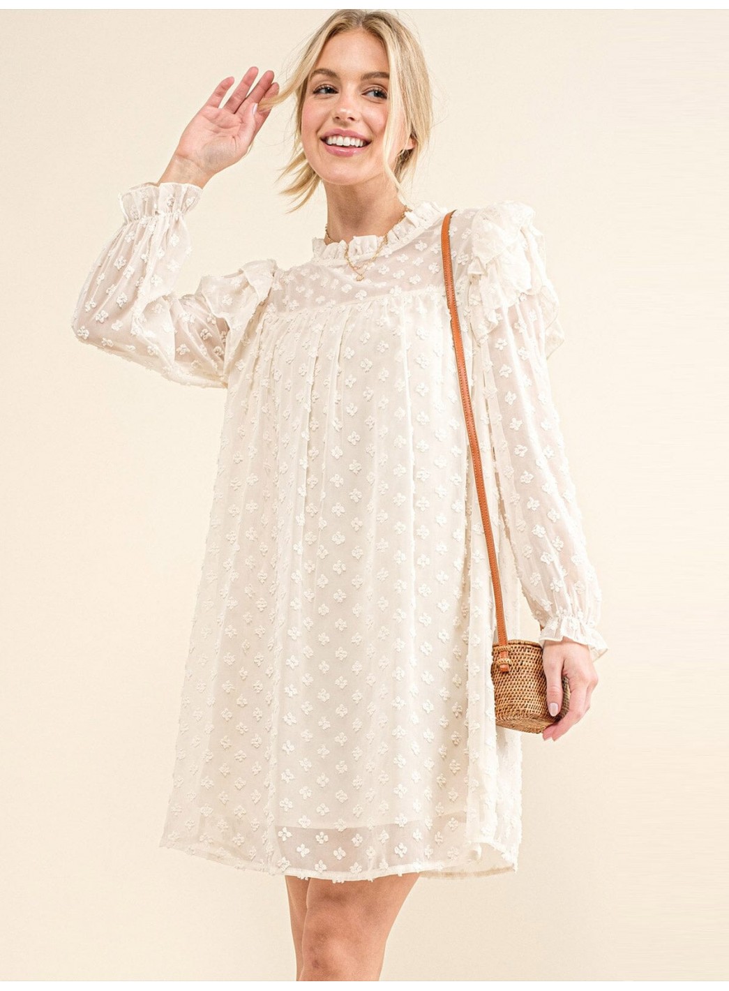 WOMEN'S LONG RUFFLE SLEEVE SWISS DETAILE...