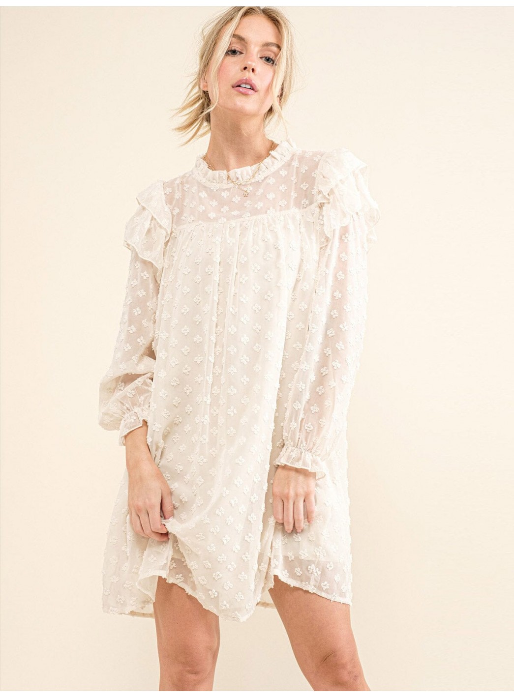 WOMEN'S LONG RUFFLE SLEEVE SWISS DETAILED TUNIC MINI DRESS