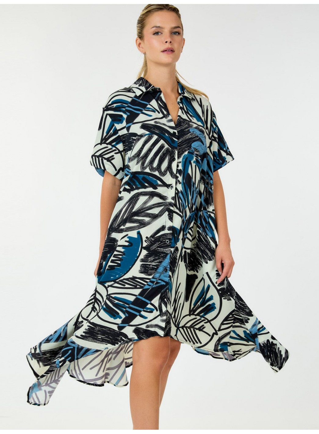 WOMEN'S SHORT SLEEVE BUTTON UP LOOSE FIT MINI DRESS