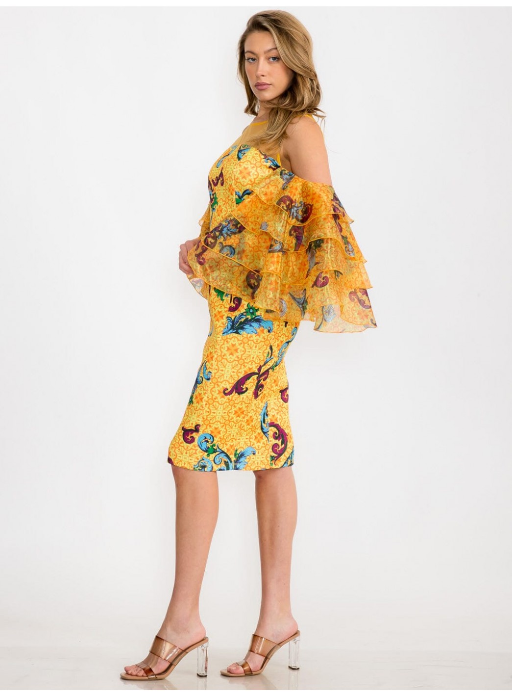 WOMEN'S COLD SHOULDER SHORT RUFFLE SLEEVE MULTI PRINT MIDI DRESS