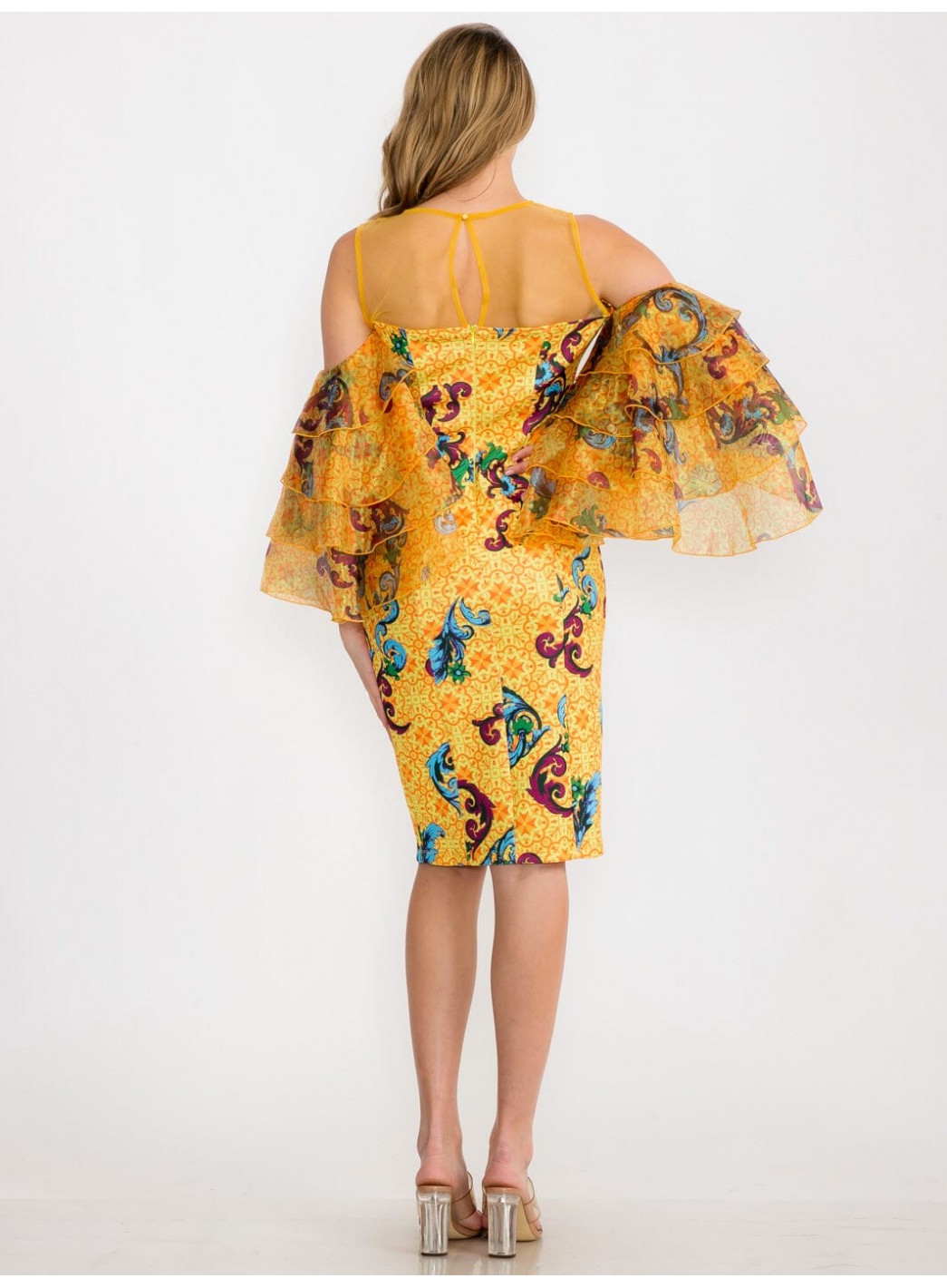 WOMEN'S COLD SHOULDER SHORT RUFFLE SLEEVE MULTI PRINT MIDI DRESS