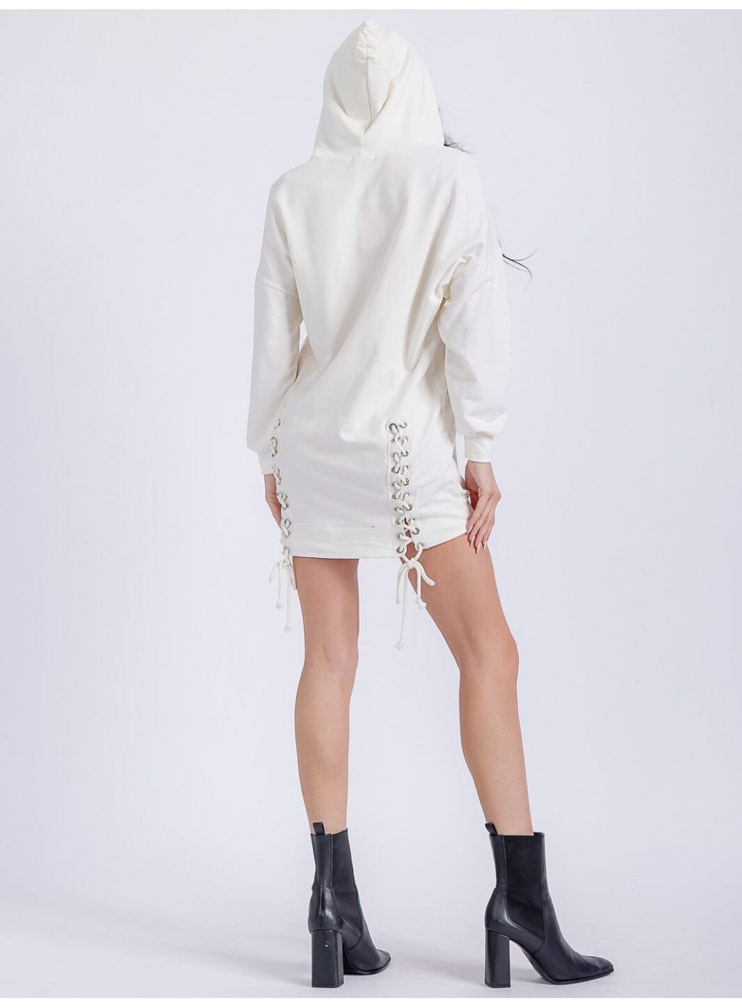 WOMEN'S LONG SLEEVE FRONT POCKETS WASHED HOODED GRAPHIC SWEATER MINI DRESS