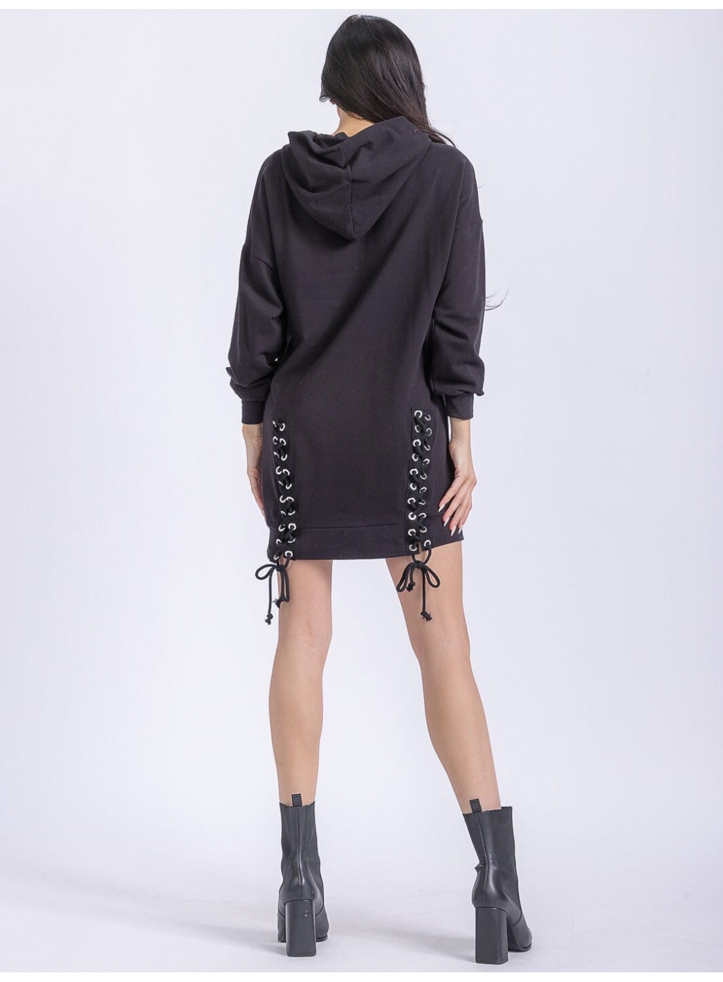 WOMEN'S LONG SLEEVE FRONT POCKETS WASHED HOODED GRAPHIC SWEATER MINI DRESS