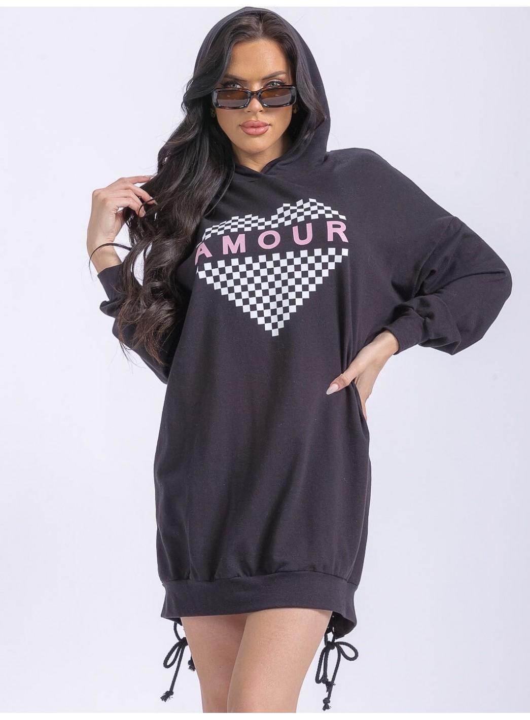 WOMEN'S LONG SLEEVE FRONT POCKETS WASHED HOODED GRAPHIC SWEATER MINI DRESS