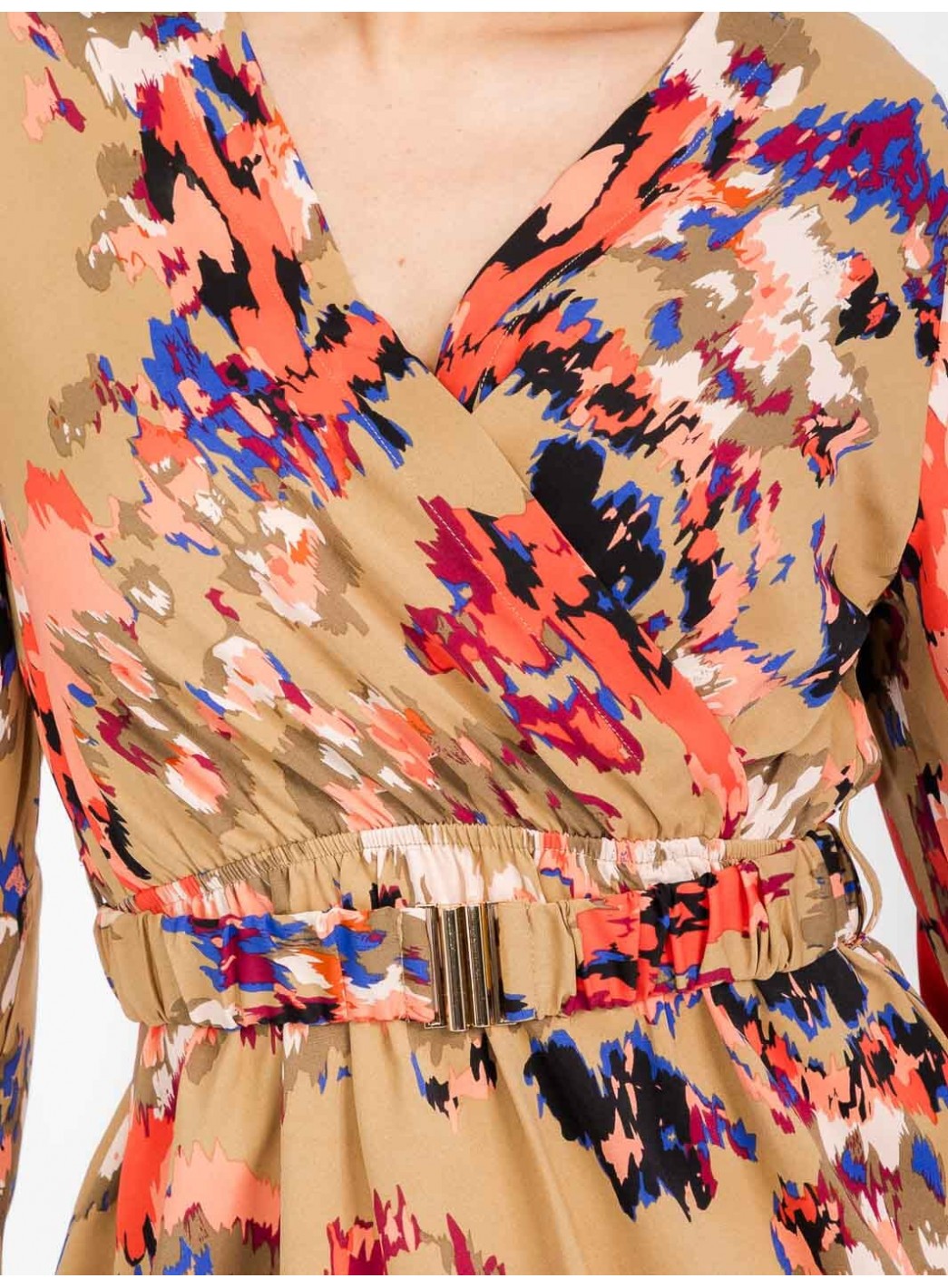 WOMEN'S LONG SLEEVE SURPLICE BELTED MULTI PRINT MINI DRESS