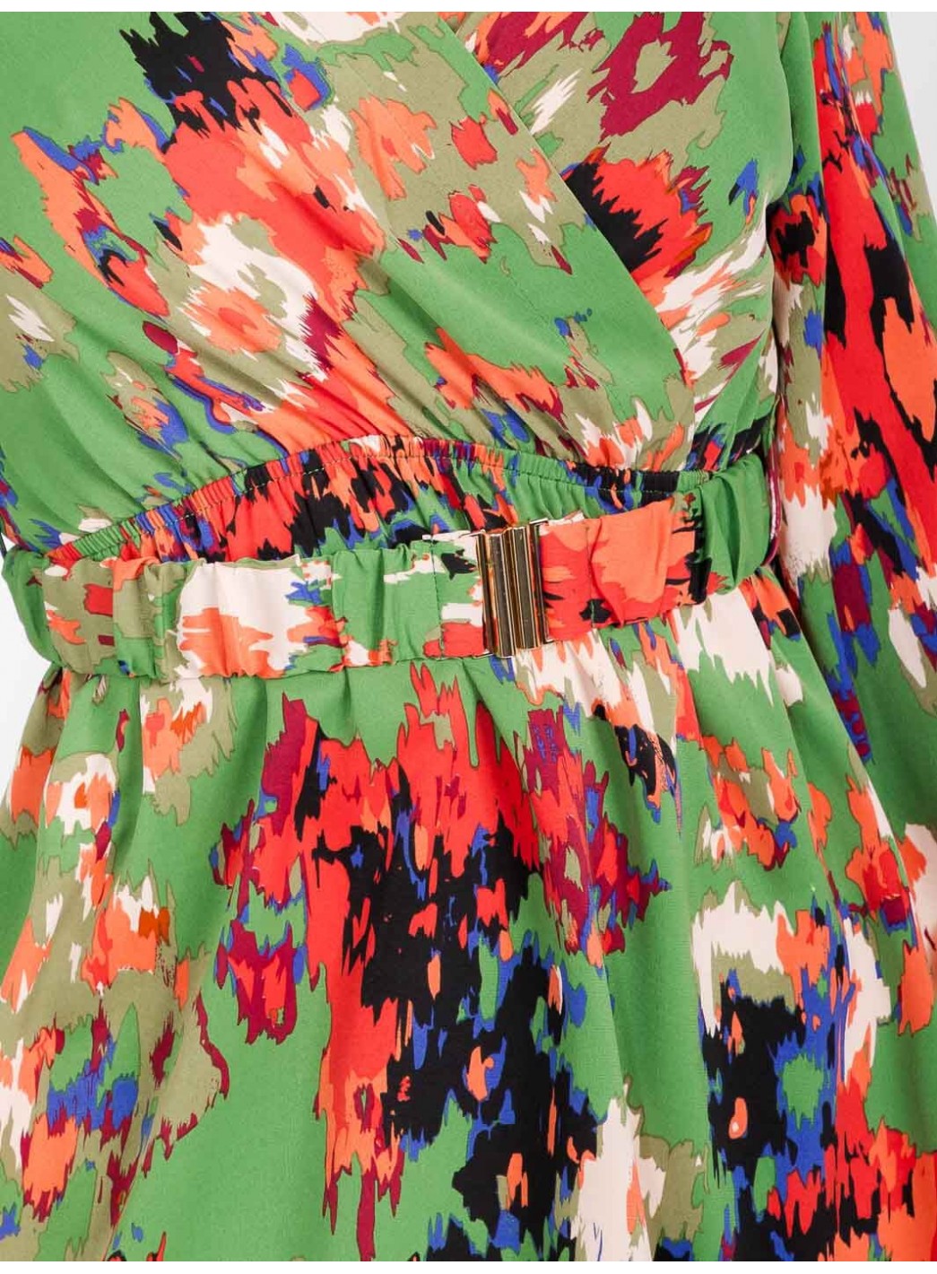 WOMEN'S LONG SLEEVE SURPLICE BELTED MULTI PRINT MINI DRESS