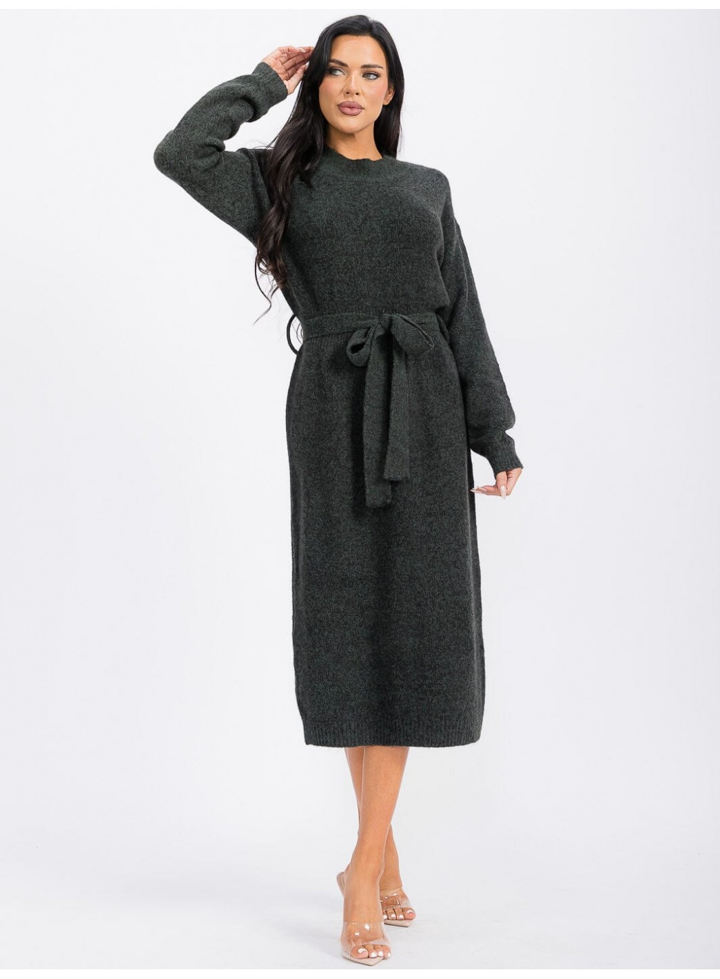 WOMEN'S LONG SLEEVE SELF TIE MAXI DRESS