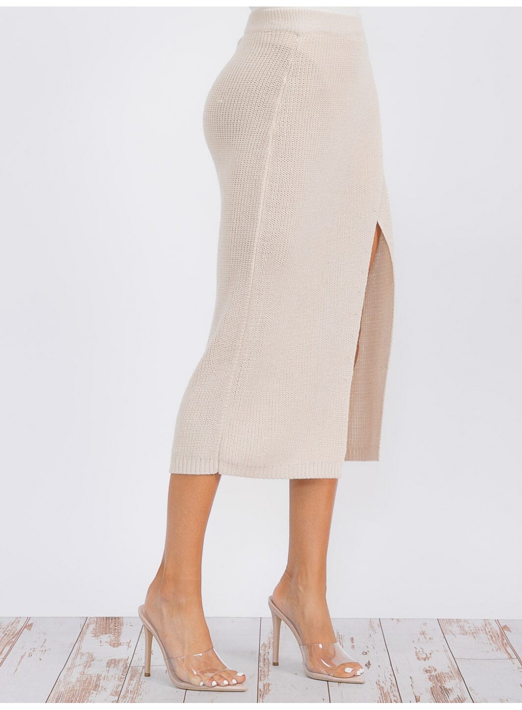 WOMEN'S ELASTIC WAIST SURPLICE KNIT MIDI SKIRT