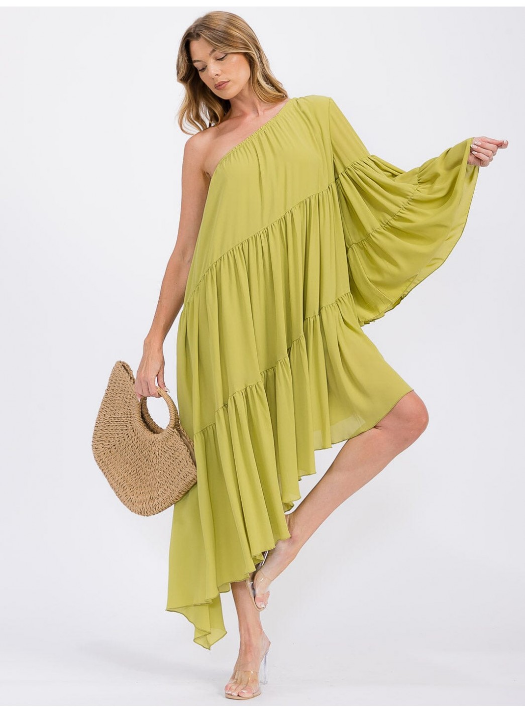 WOMEN'S ONE SHOLDER LONG SLEEVE POCKETS TIERED HIGH-LOW MIDI DRESS