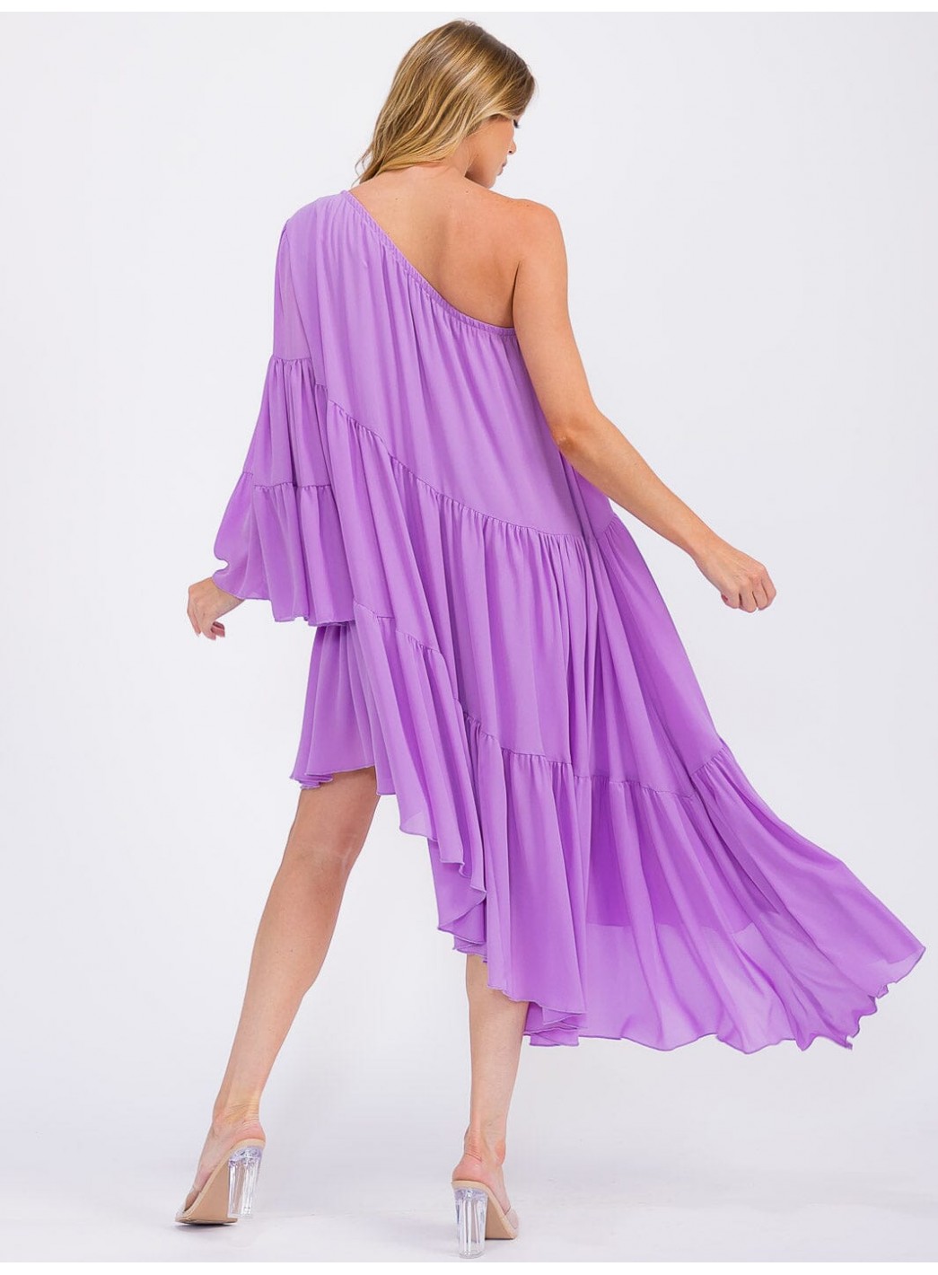 WOMEN'S ONE SHOLDER LONG SLEEVE POCKETS TIERED HIGH-LOW MIDI DRESS