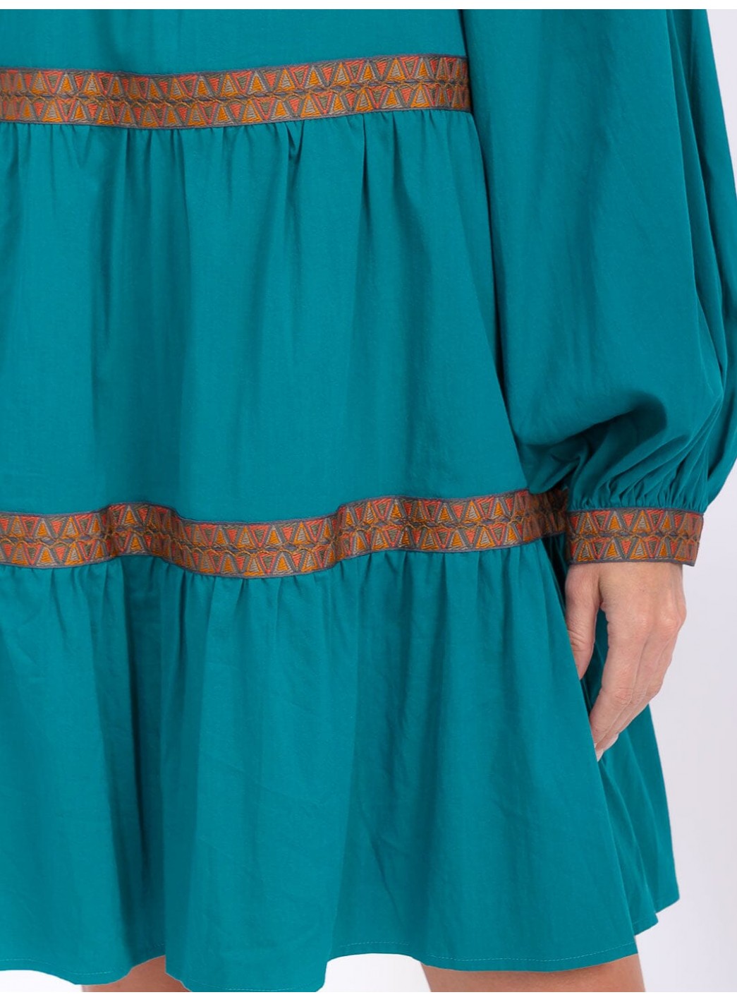 WOMEN'S LONG SLEEVE TRIM DETAILED TIERED MINI DRESS WOMEN'S LONG SLEEVE TRIM DETAILED TIERED MINI DRESS