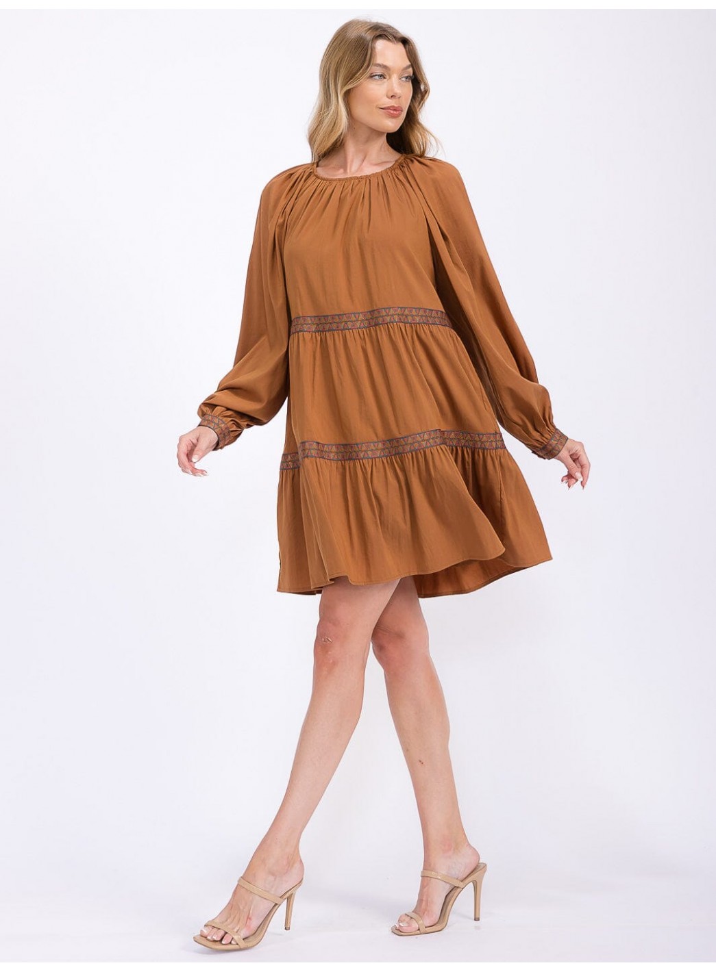 WOMEN'S LONG SLEEVE TRIM DETAILED TIERED MINI DRESS WOMEN'S LONG SLEEVE TRIM DETAILED TIERED MINI DRESS