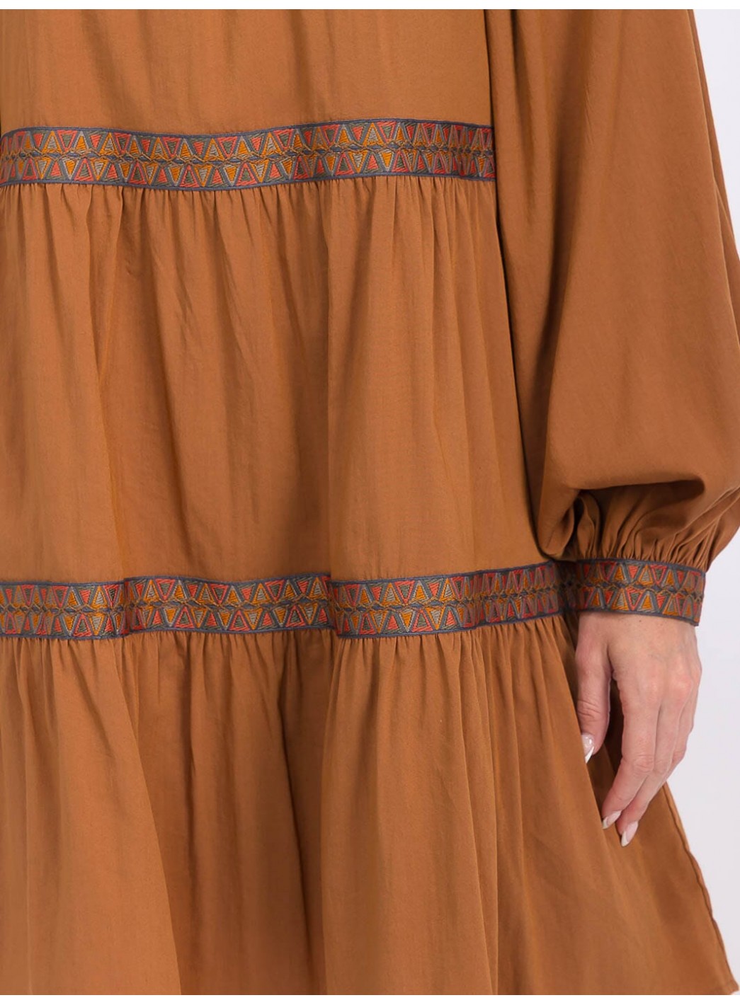 WOMEN'S LONG SLEEVE TRIM DETAILED TIERED MINI DRESS WOMEN'S LONG SLEEVE TRIM DETAILED TIERED MINI DRESS