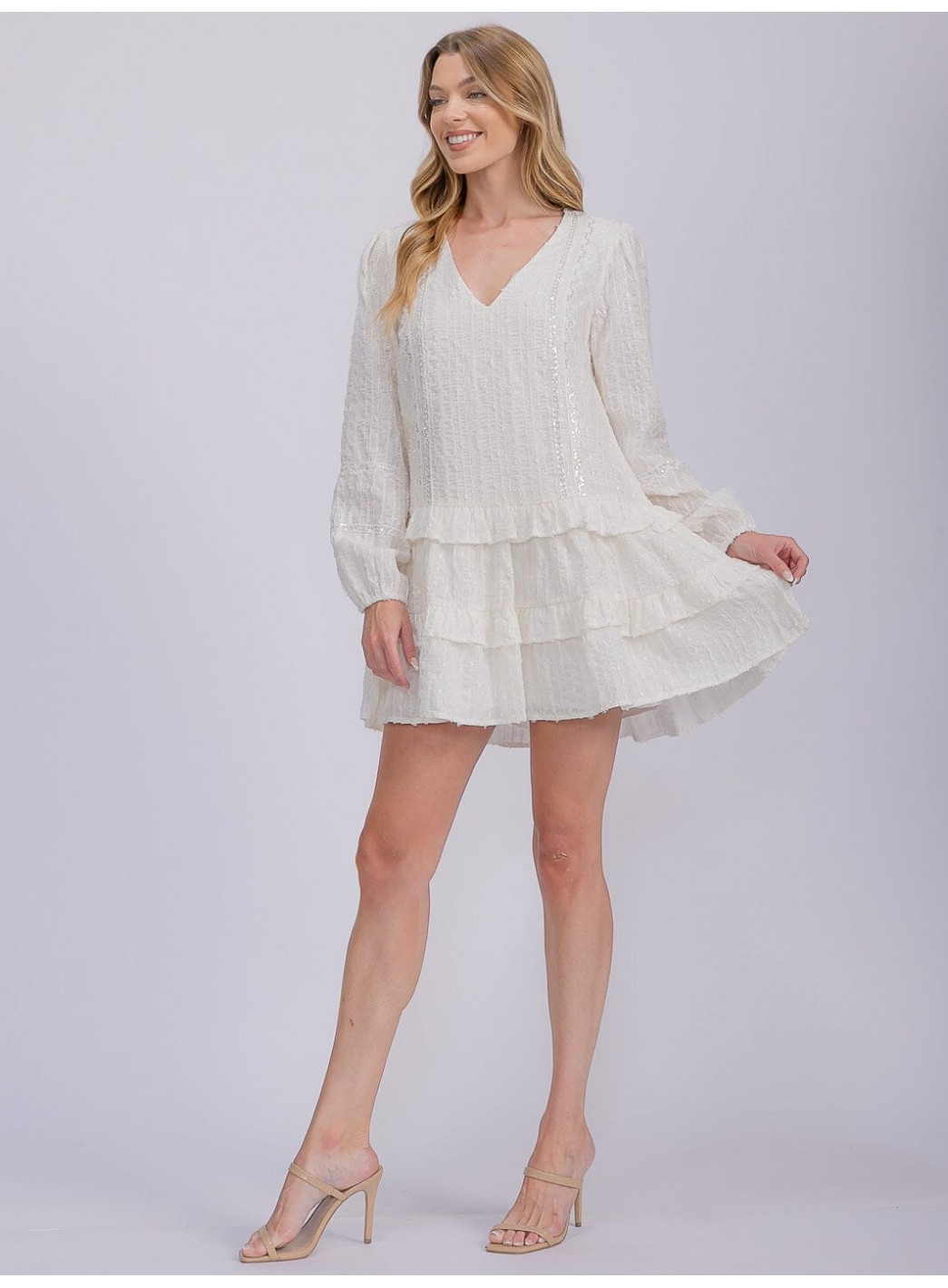 WOMEN'S LONG SLEEVE V-NECK RUFFLE TIERED SHIMMER MINI DRESS WOMEN'S LONG SLEEVE V-NECK RUFFLE TIERED SHIMMER MINI DRESS