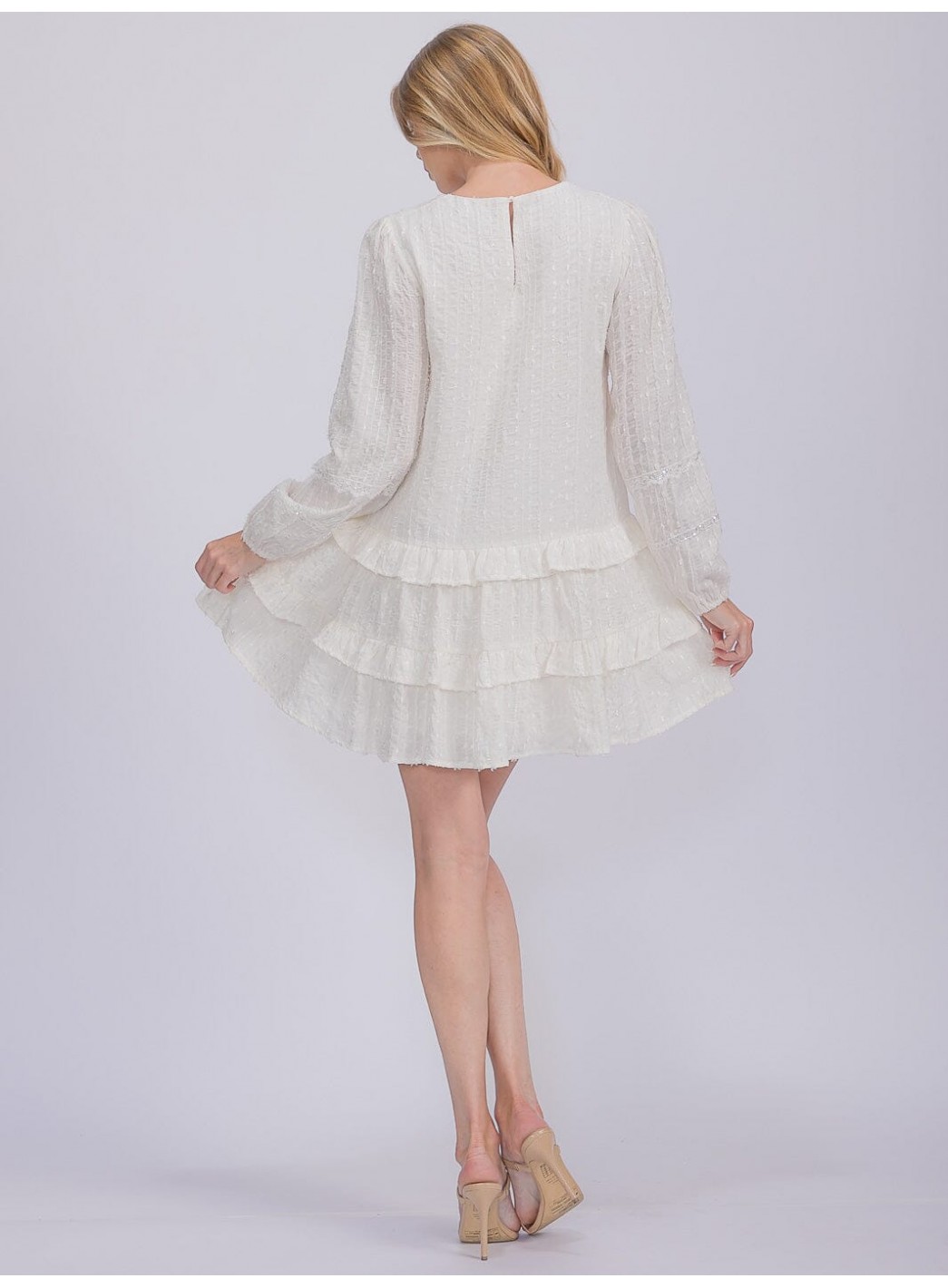 WOMEN'S LONG SLEEVE V-NECK RUFFLE TIERED SHIMMER MINI DRESS WOMEN'S LONG SLEEVE V-NECK RUFFLE TIERED SHIMMER MINI DRESS