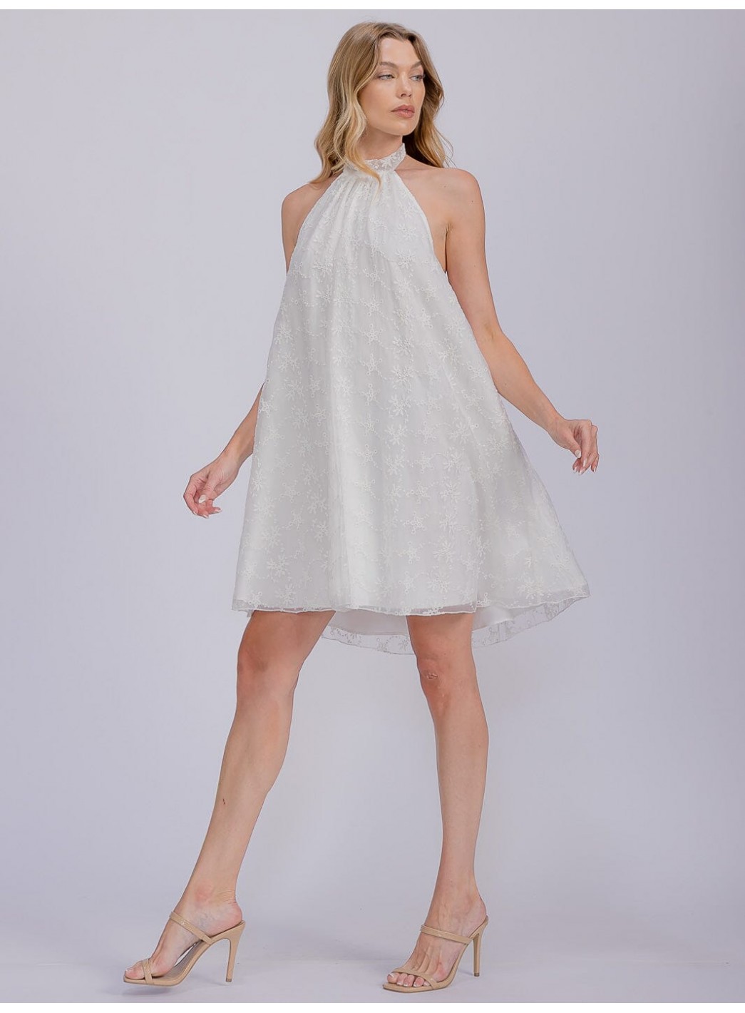 WOMEN'S SLEEVELESS HALTER NECK CROCHET FLORAL MINI DRESS WOMEN'S SLEEVELESS HALTER NECK CROCHET FLORAL MINI DRESS