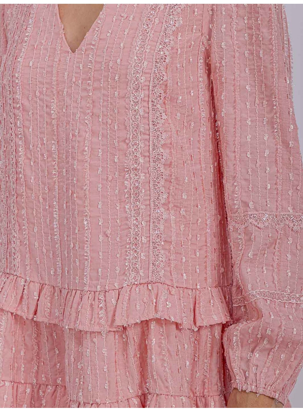 WOMEN'S LONG SLEEVE V-NECK RUFFLE TIERED SHIMMER MINI DRESS WOMEN'S LONG SLEEVE V-NECK RUFFLE TIERED SHIMMER MINI DRESS