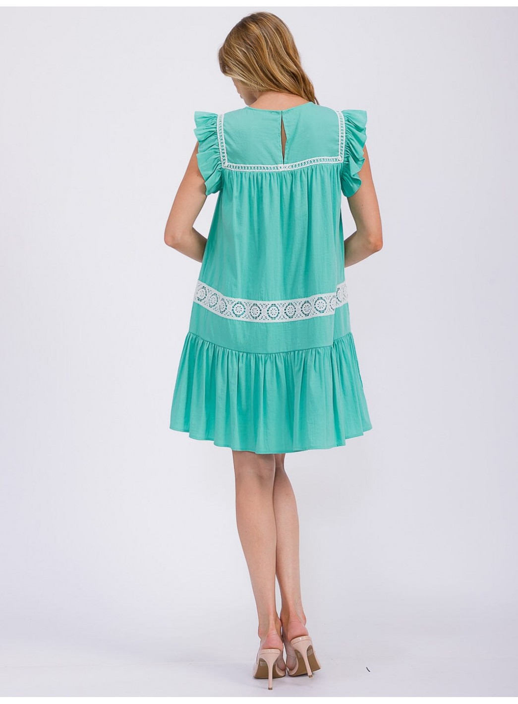 WOMEN'S RUFFLE SLEEVE TRIM DETAILED TIERED TUNIC MINI DRESS WOMEN'S RUFFLE SLEEVE TRIM DETAILED TIERED TUNIC MINI DRESS