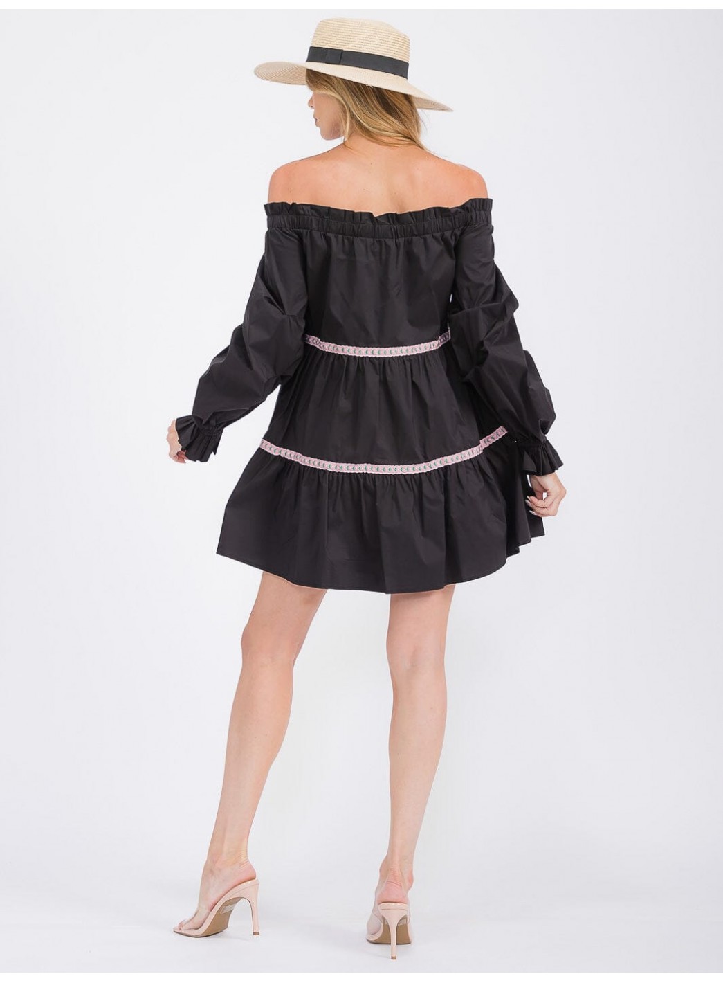 WOMEN'S LONG SLEEVE OFF SHOULDER TRIM DETAILED TIERED MINI DRESS WOMEN'S LONG SLEEVE OFF SHOULDER TRIM DETAILED TIERED MINI DRESS