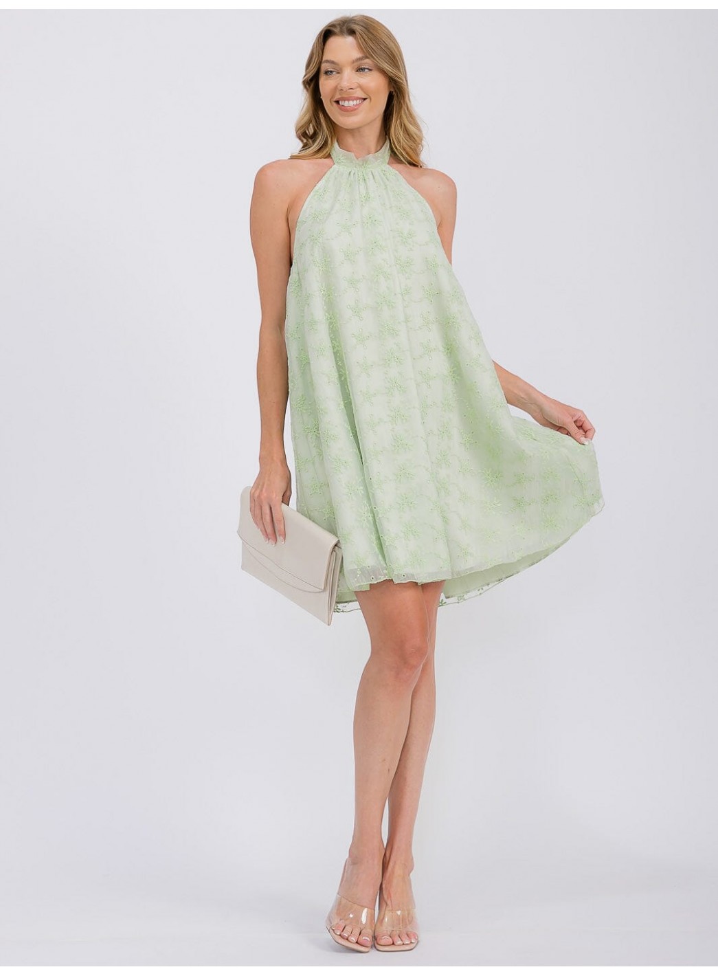 WOMEN'S SLEEVELESS HALTER NECK CROCHET FLORAL MINI DRESS WOMEN'S SLEEVELESS HALTER NECK CROCHET FLORAL MINI DRESS