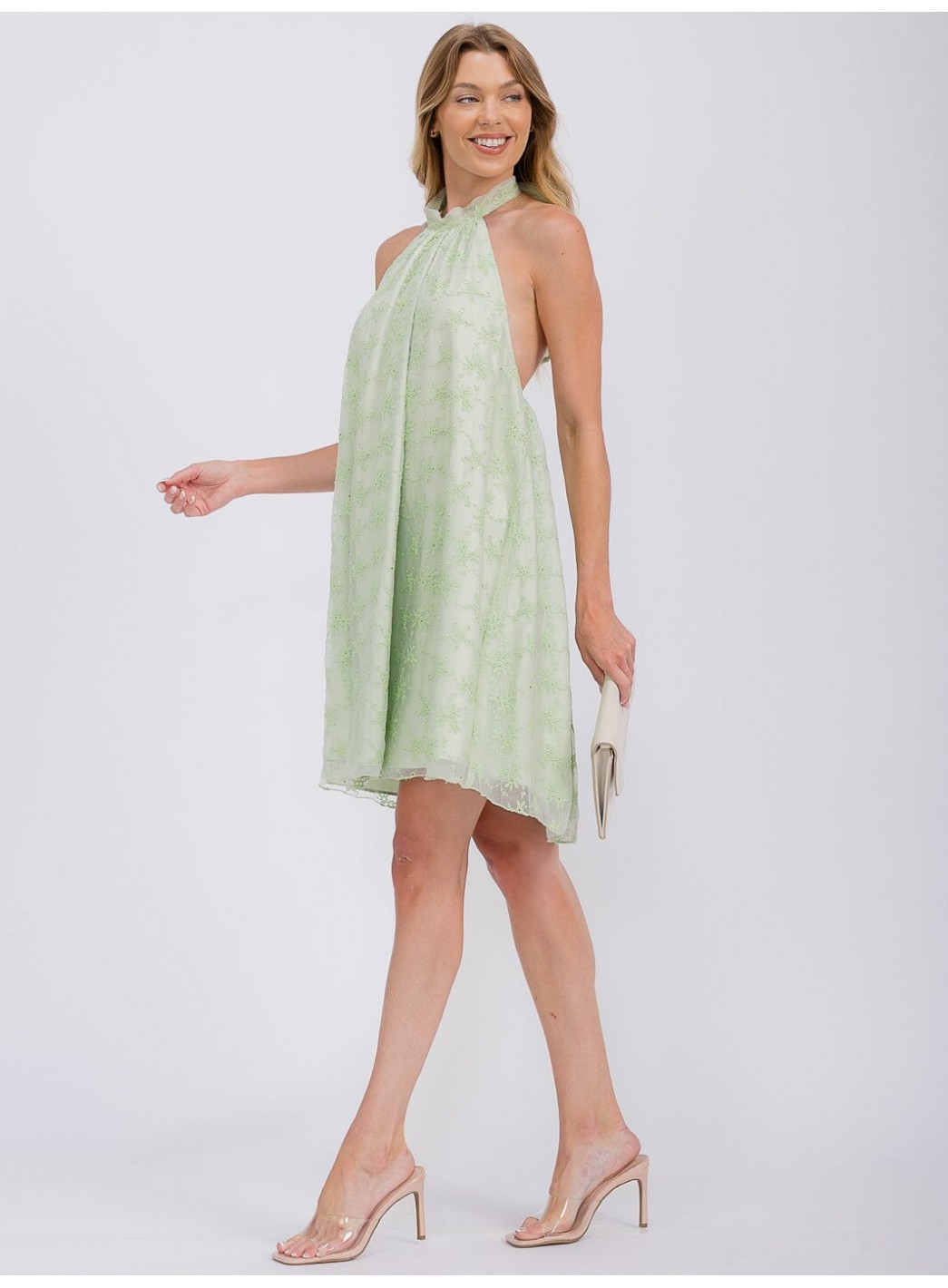 WOMEN'S SLEEVELESS HALTER NECK CROCHET FLORAL MINI DRESS WOMEN'S SLEEVELESS HALTER NECK CROCHET FLORAL MINI DRESS