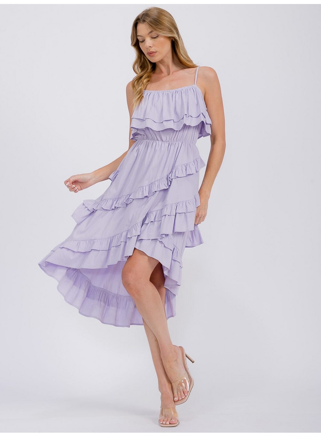 WOMEN'S SLEEVELESS RUFFLE TIERED HIGH-LOW MIDI DRESS
