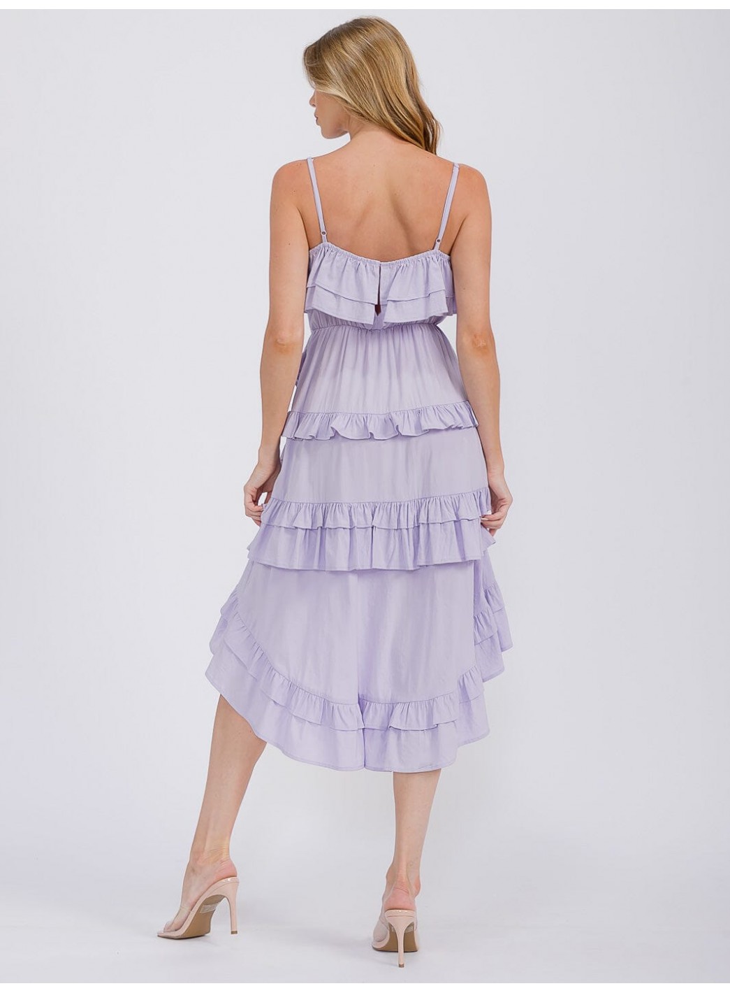 WOMEN'S SLEEVELESS RUFFLE TIERED HIGH-LOW MIDI DRESS