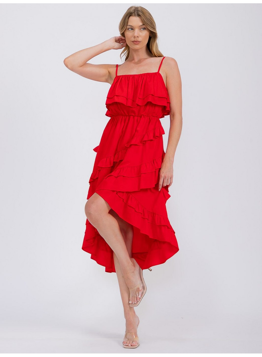 WOMEN'S SLEEVELESS RUFFLE TIERED HIGH-LOW MIDI DRESS