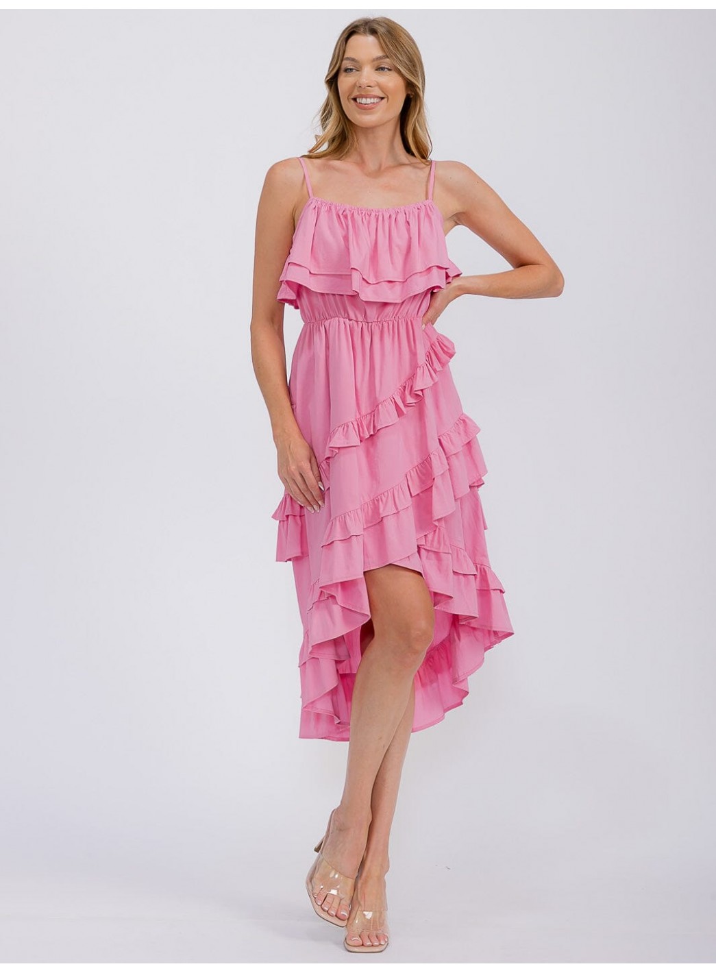 WOMEN'S SLEEVELESS RUFFLE TIERED HIGH-LOW MIDI DRESS