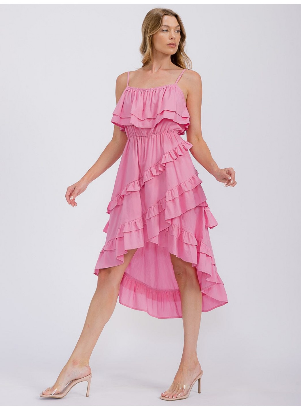 WOMEN'S SLEEVELESS RUFFLE TIERED HIGH-LOW MIDI DRESS