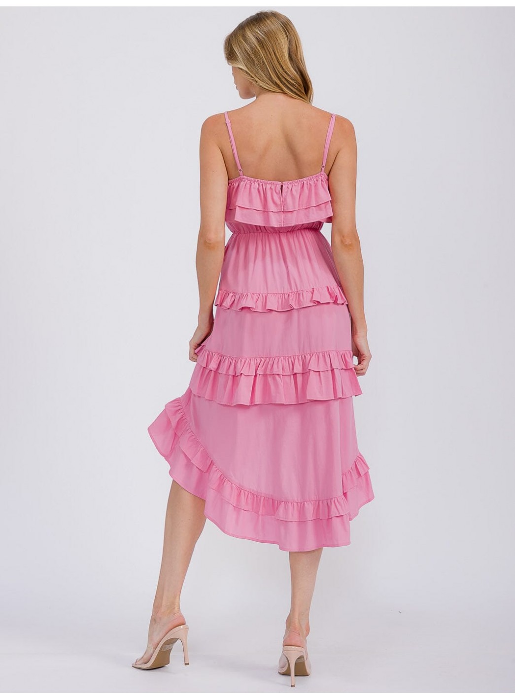 WOMEN'S SLEEVELESS RUFFLE TIERED HIGH-LOW MIDI DRESS