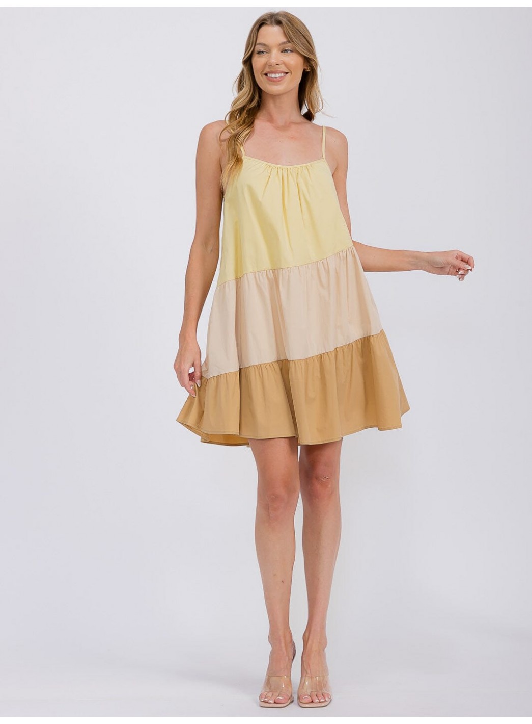 WOMEN'S SLEEVELESS TIERED FRONT POCKETS COLORBLOCK TUNIC MINI DRESS