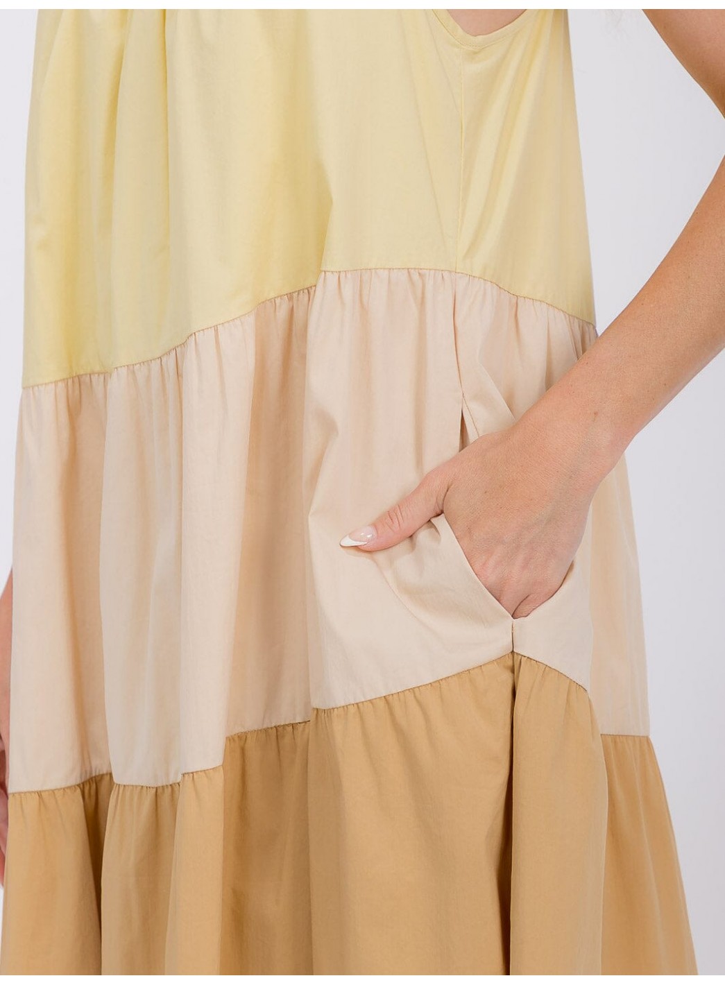 WOMEN'S SLEEVELESS TIERED FRONT POCKETS COLORBLOCK TUNIC MINI DRESS