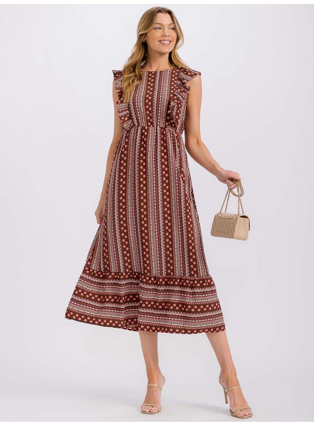 WOMEN'S RUFFLE SLEEVE ELASTIC WAIST PRINTED MIDI DRESS