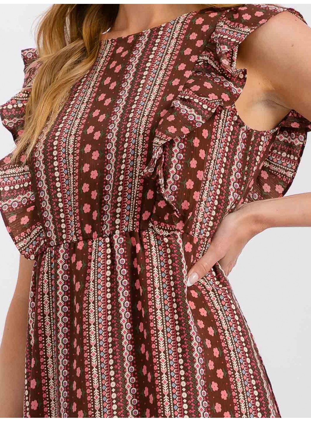 WOMEN'S RUFFLE SLEEVE ELASTIC WAIST PRINTED MIDI DRESS