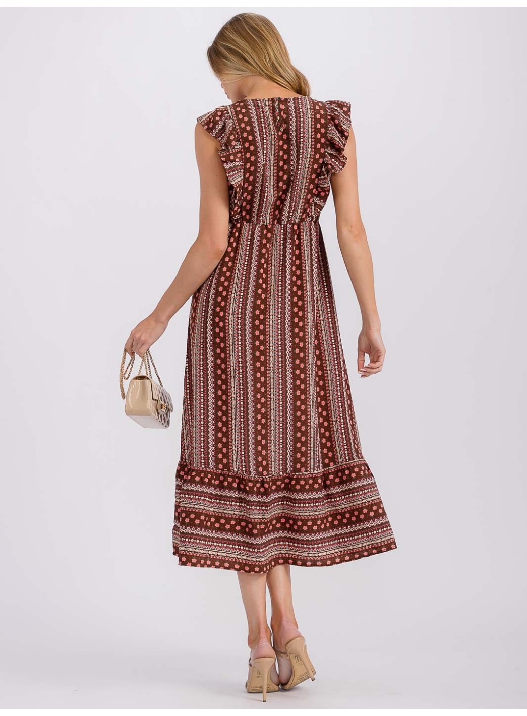 WOMEN'S RUFFLE SLEEVE ELASTIC WAIST PRINTED MIDI DRESS