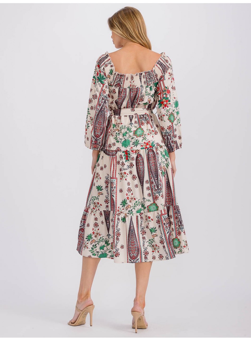 WOMEN'S LONG SLEEVE ELASTIC WAIST SELF TIE PRINTED MIDI DRESS WOMEN'S LONG SLEEVE ELASTIC WAIST SELF TIE PRINTED MIDI DRESS