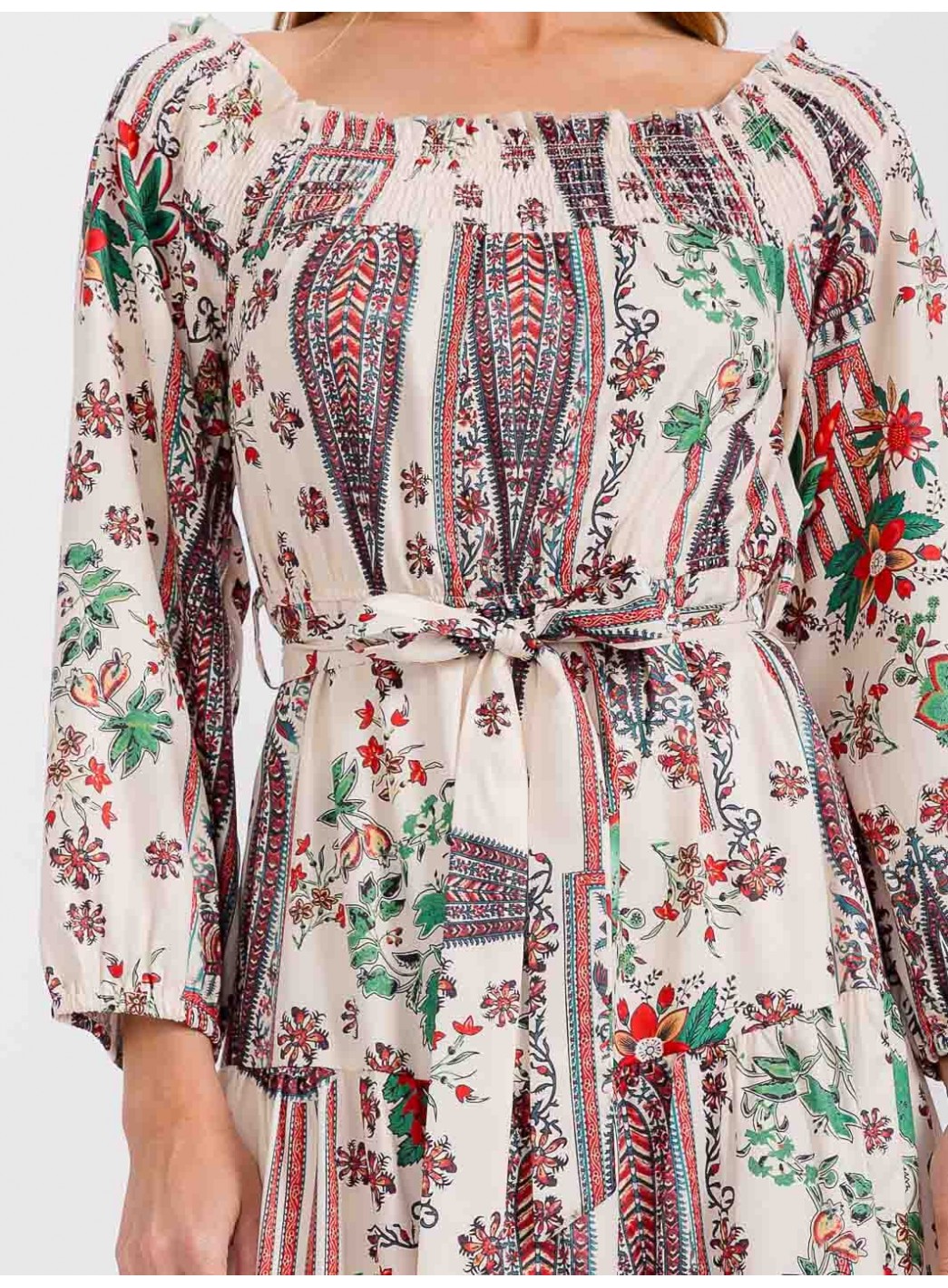 WOMEN'S LONG SLEEVE ELASTIC WAIST SELF TIE PRINTED MIDI DRESS WOMEN'S LONG SLEEVE ELASTIC WAIST SELF TIE PRINTED MIDI DRESS