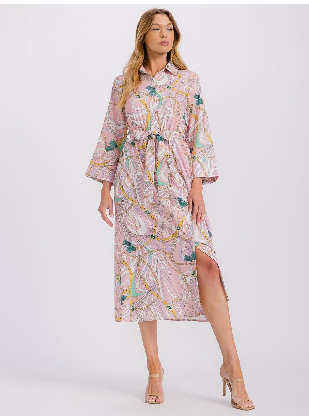WOMEN'S LONG SLEEVE BUTTON CLOSURE SELF TIE PRINTED MIDI DRESS