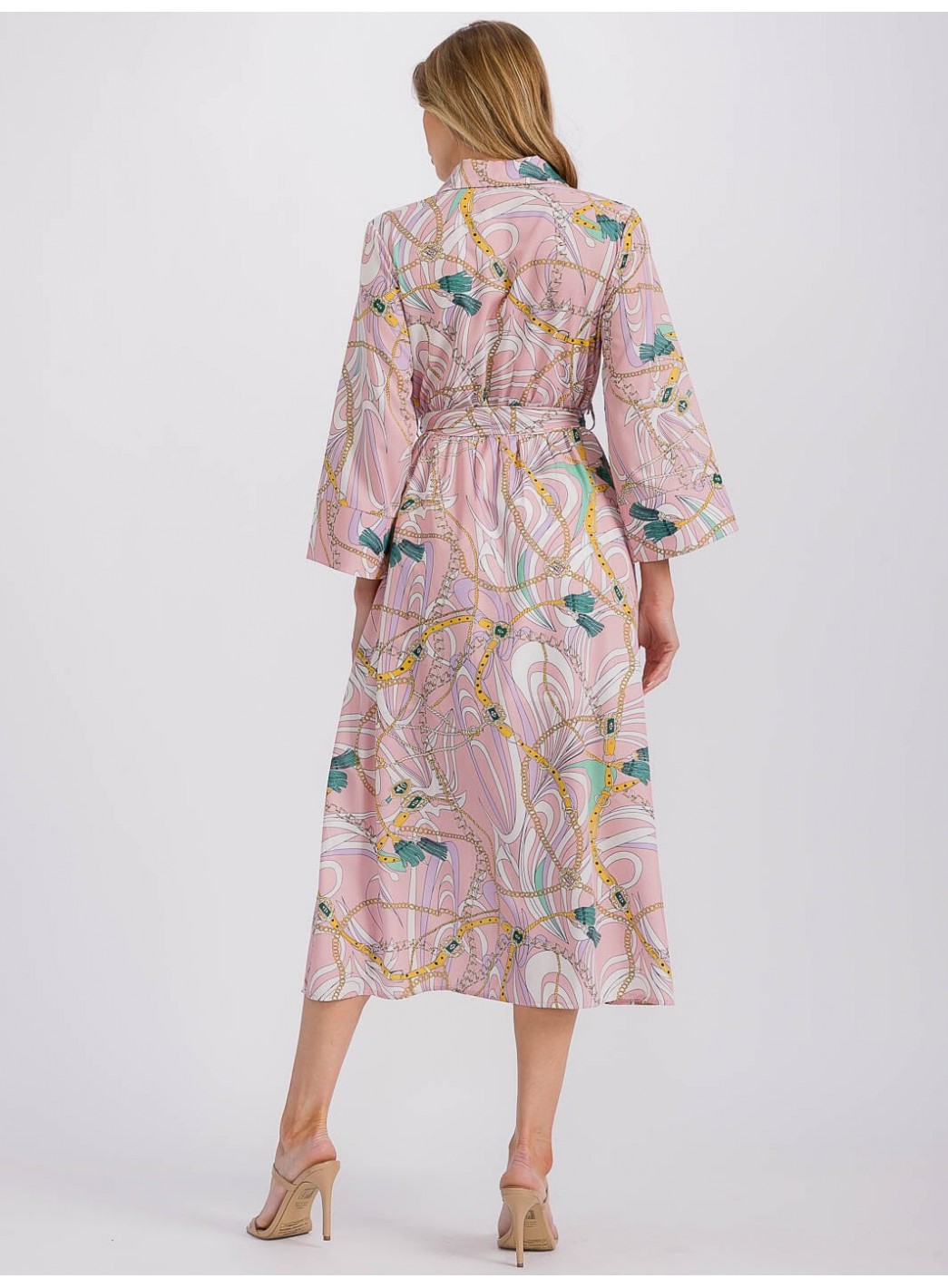 WOMEN'S LONG SLEEVE BUTTON CLOSURE SELF TIE PRINTED MIDI DRESS WOMEN'S LONG SLEEVE BUTTON CLOSURE SELF TIE PRINTED MIDI DRESS