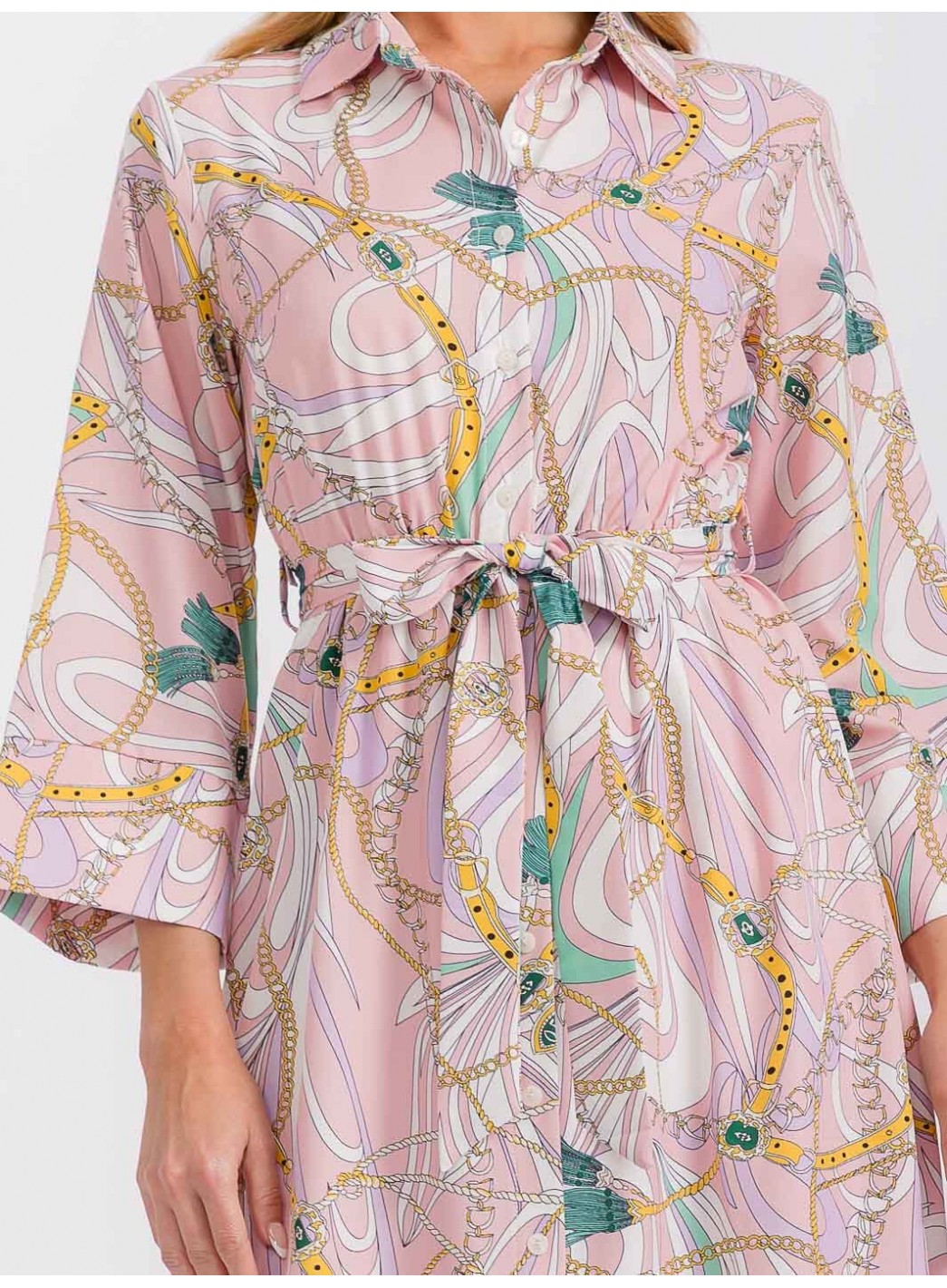 WOMEN'S LONG SLEEVE BUTTON CLOSURE SELF TIE PRINTED MIDI DRESS WOMEN'S LONG SLEEVE BUTTON CLOSURE SELF TIE PRINTED MIDI DRESS