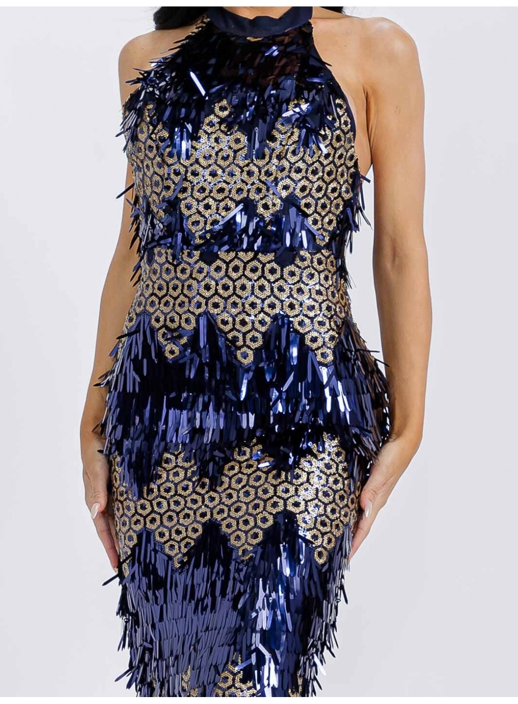 WOMEN'S SLEEVELESS HALTER NECK OPEN BACK BODYCON SEQUINS MIDI DRESS