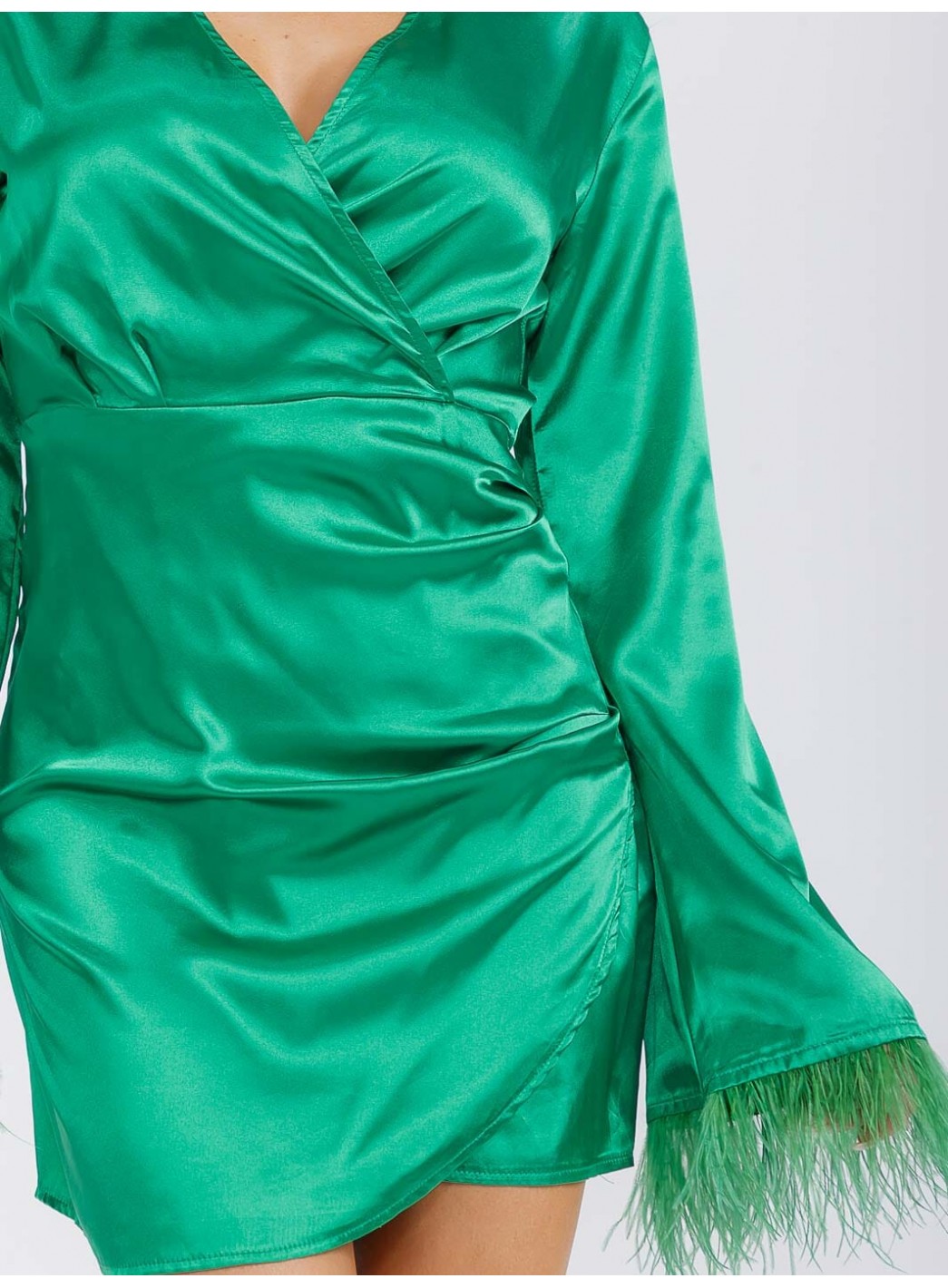 WOMEN'S LONG SLEEVE SURPLICE FEATHER SATIN BODYCON MINI DRESS WOMEN'S LONG SLEEVE SURPLICE FEATHER SATIN BODYCON MINI DRESS