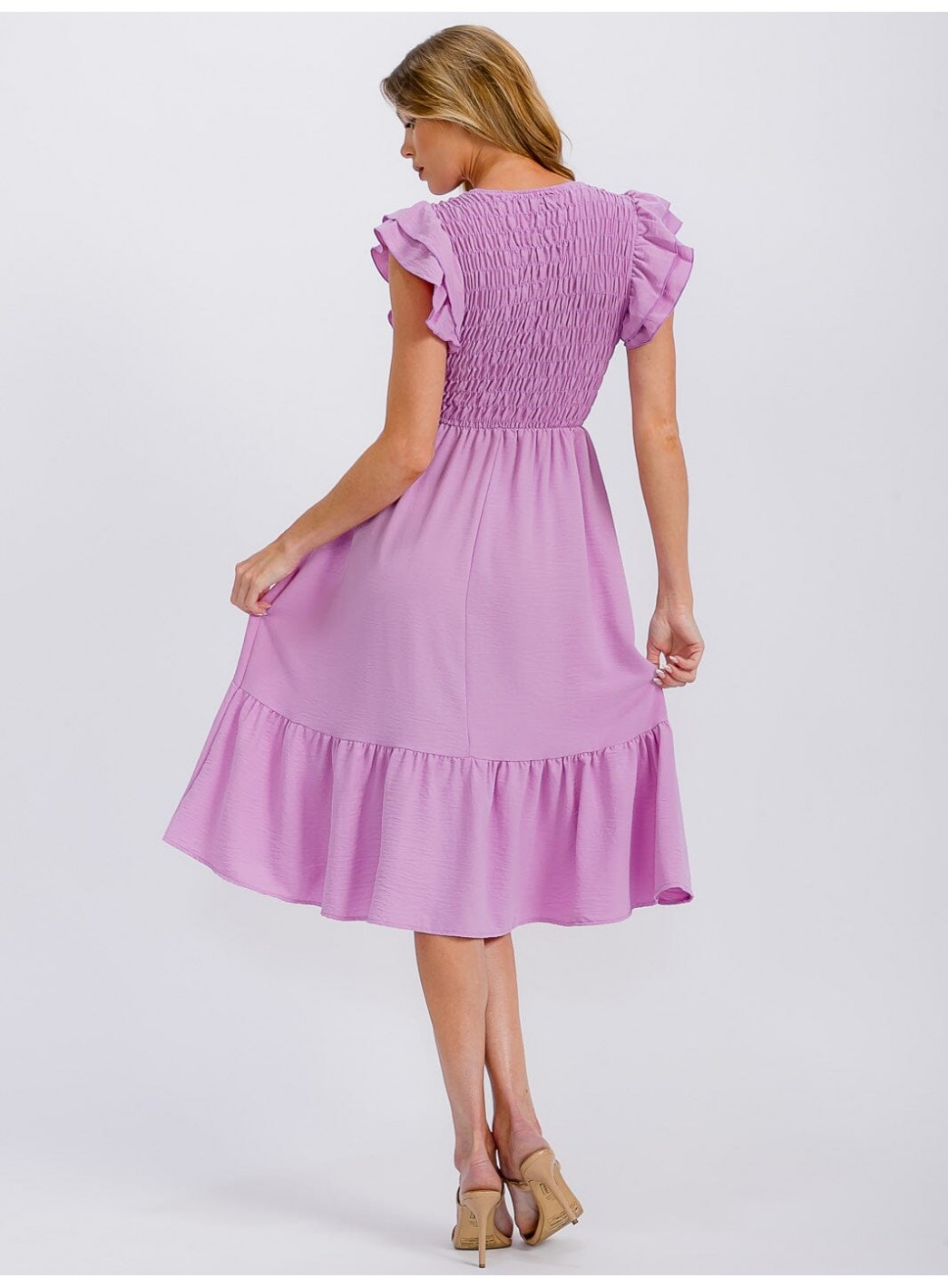 WOMEN'S RUFFLE SLEEVE FRONT POCKETS SMOCK RUFFLE BOTTOM HEM MIDI DRESS