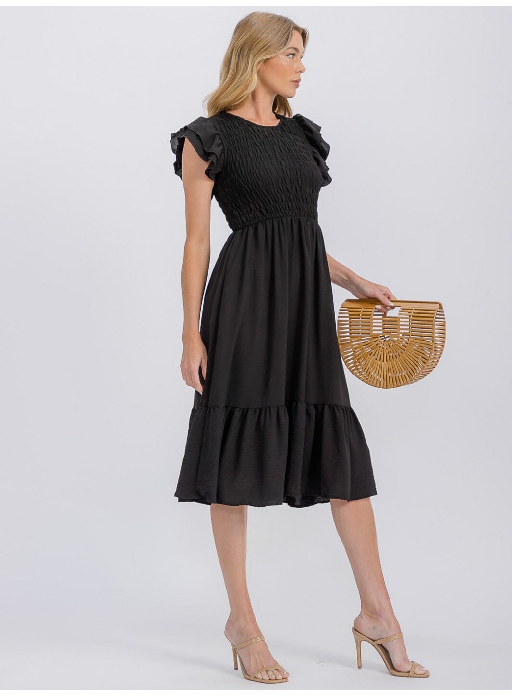 WOMEN'S RUFFLE SLEEVE FRONT POCKETS SMOCK RUFFLE BOTTOM HEM MIDI DRESS