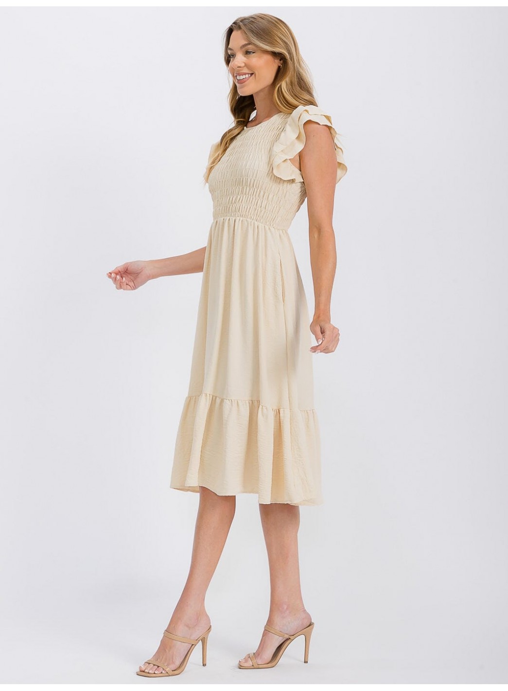 WOMEN'S RUFFLE SLEEVE FRONT POCKETS SMOCK RUFFLE BOTTOM HEM MIDI DRESS