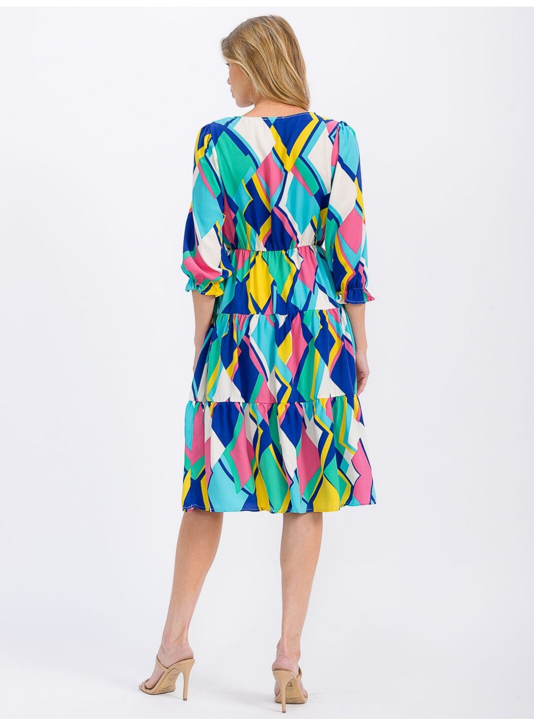 WOMEN'S 3/4 SLEEVE V-NECK ELASTIC WAIST MULTI PRINT MIDI DRESS